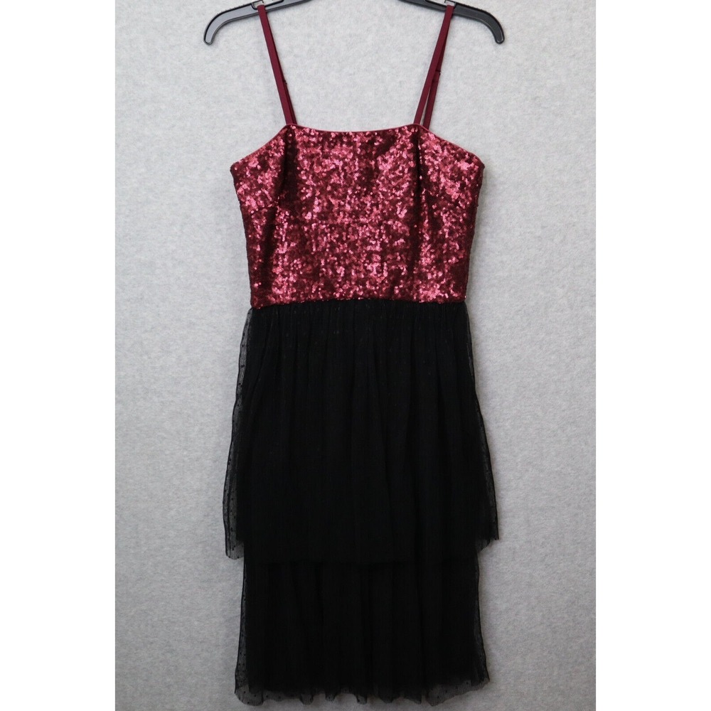 Dress The Population Kady‎ Sequin Tiered Tulle Dress Red Black Womens S Holiday